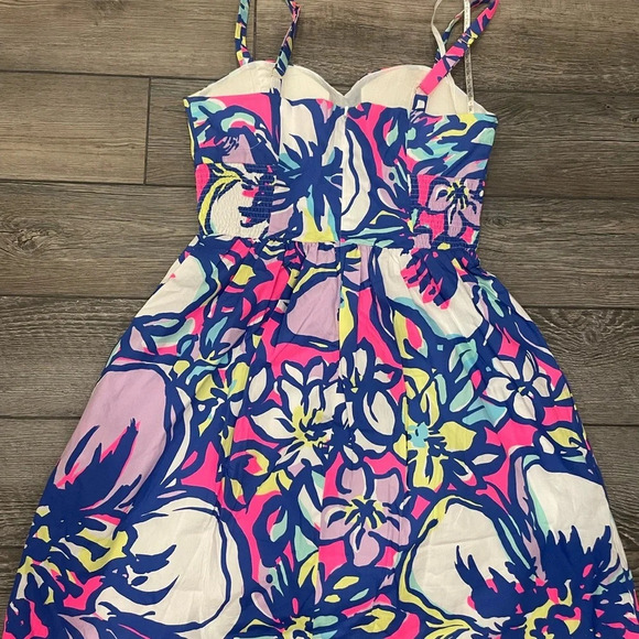 LILLY PULITZER DRESS BRIGHT PINK BLUE FLORAL WOMENS SZ 0 STRAPS RUCHED SUNDRESS - Picture 6 of 10